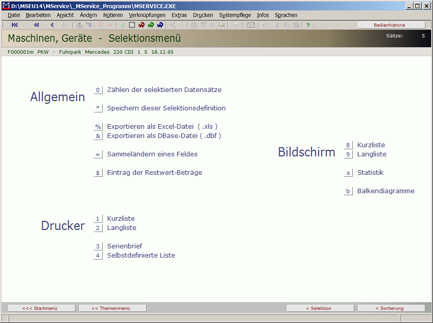 Selektionsmenü Maschinen