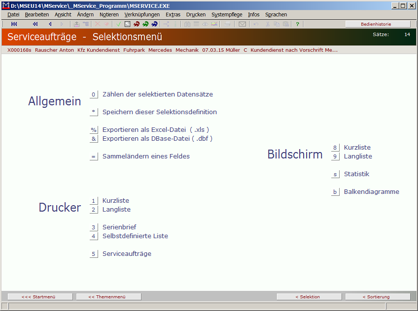 Selektionsmenü Serviceaufträge