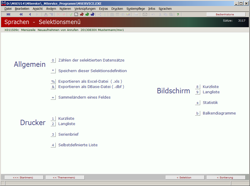 Selektionsmenü Sprachen