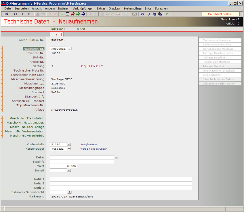 Neuaufnehmen von technischen Daten