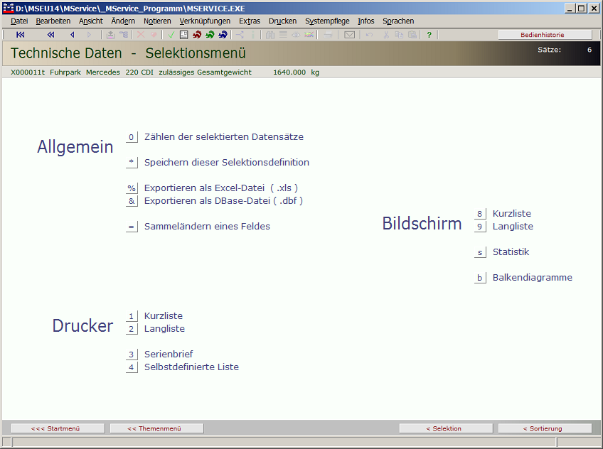 Selektionsmen&uuml; Technische Daten