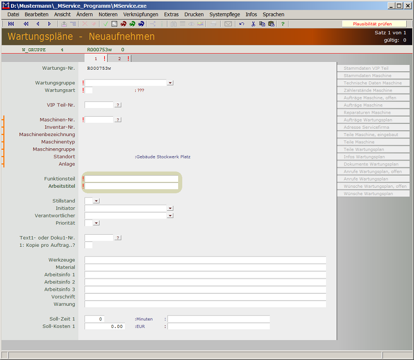 Neuaufnehmen Wartungsplan, Seite 1