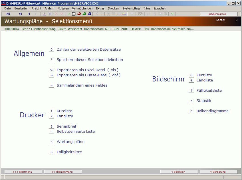 Selektionsmen&uuml; Wartungspl&auml;ne