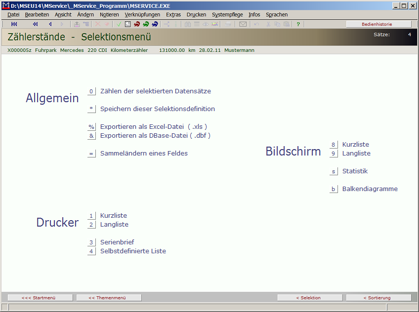 Selektionsmen&uuml; Z&auml;hlerst&auml;nde